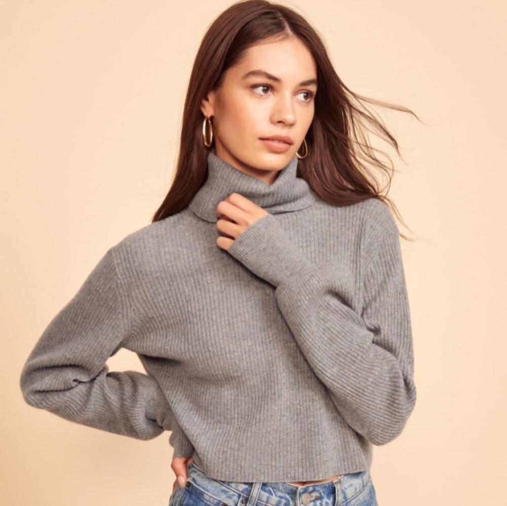 Reformation Luisa Women's Crop Ribbed Cashmere Turtleneck Sweater Dark Gray XS